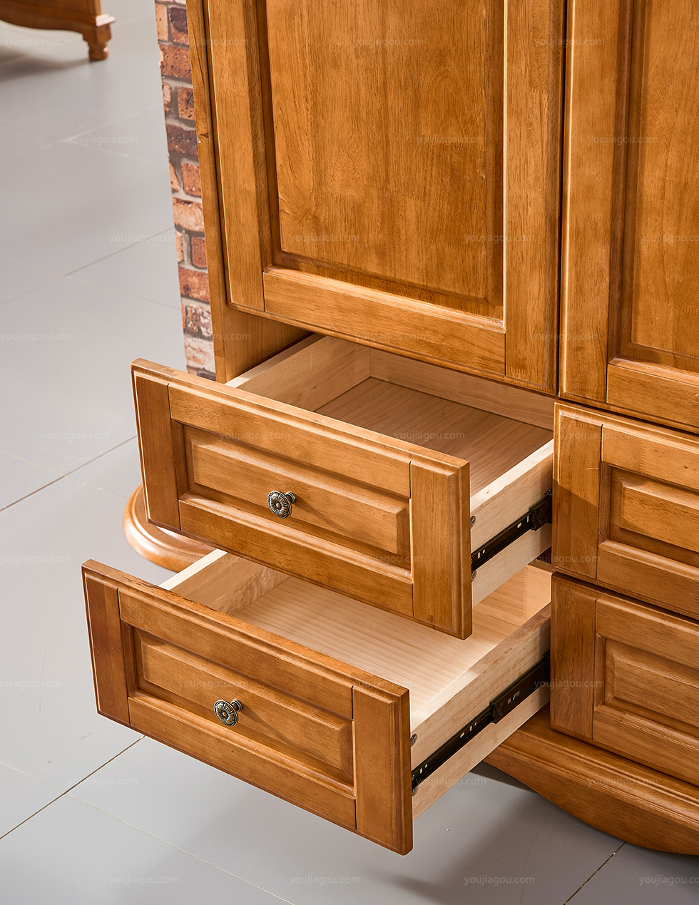 梓华轩优质进口橡胶木结构坚固现代风格全咖啡色儿童衣柜