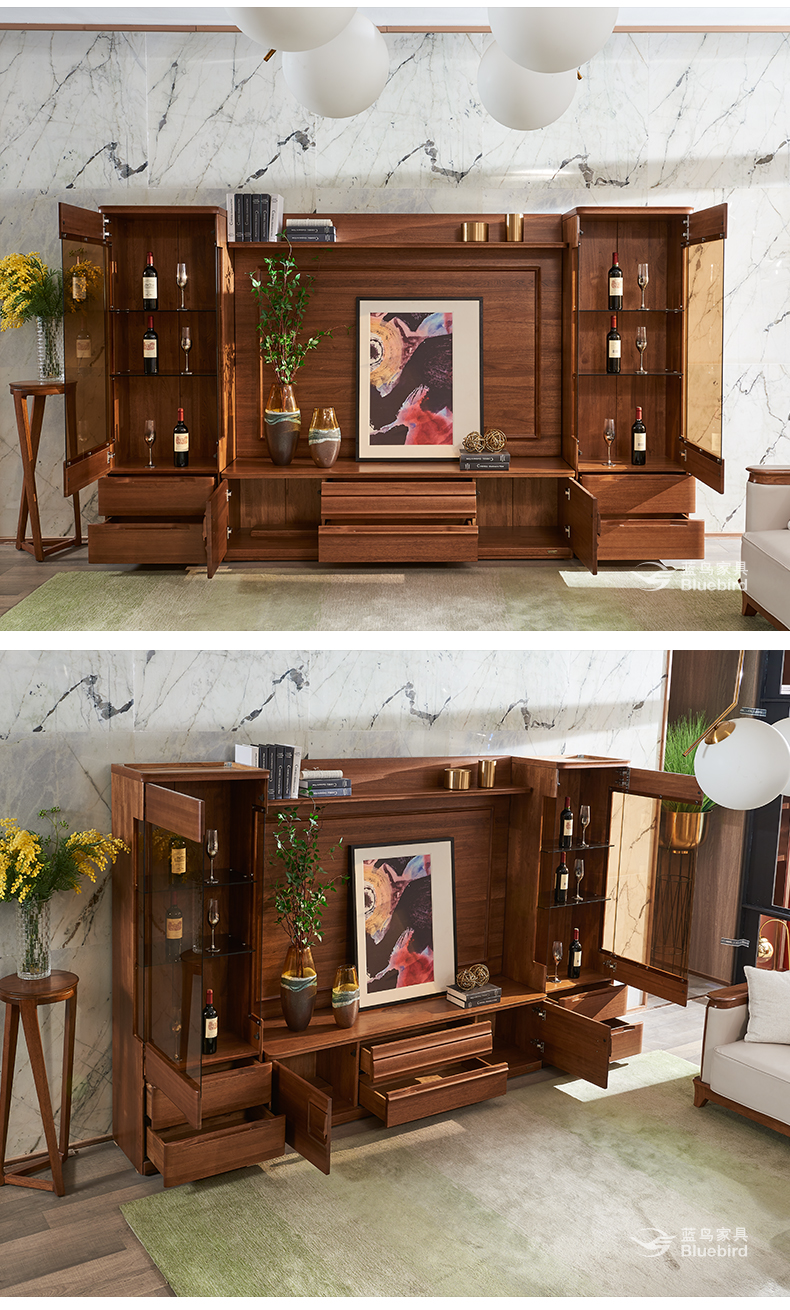 蓝鸟家具中式实木电视柜现代简约客厅影视墙组合柜视听柜地柜htl