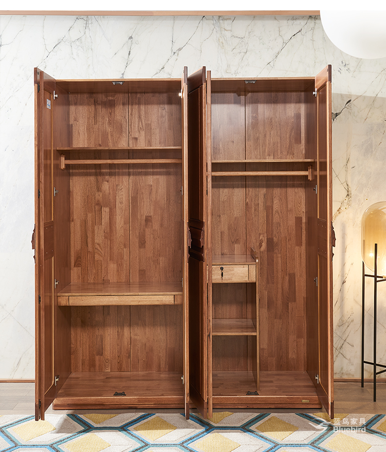 蓝鸟家具胡桃木全实木四门1.8米定制衣柜现代中式主卧室对开门衣橱htl